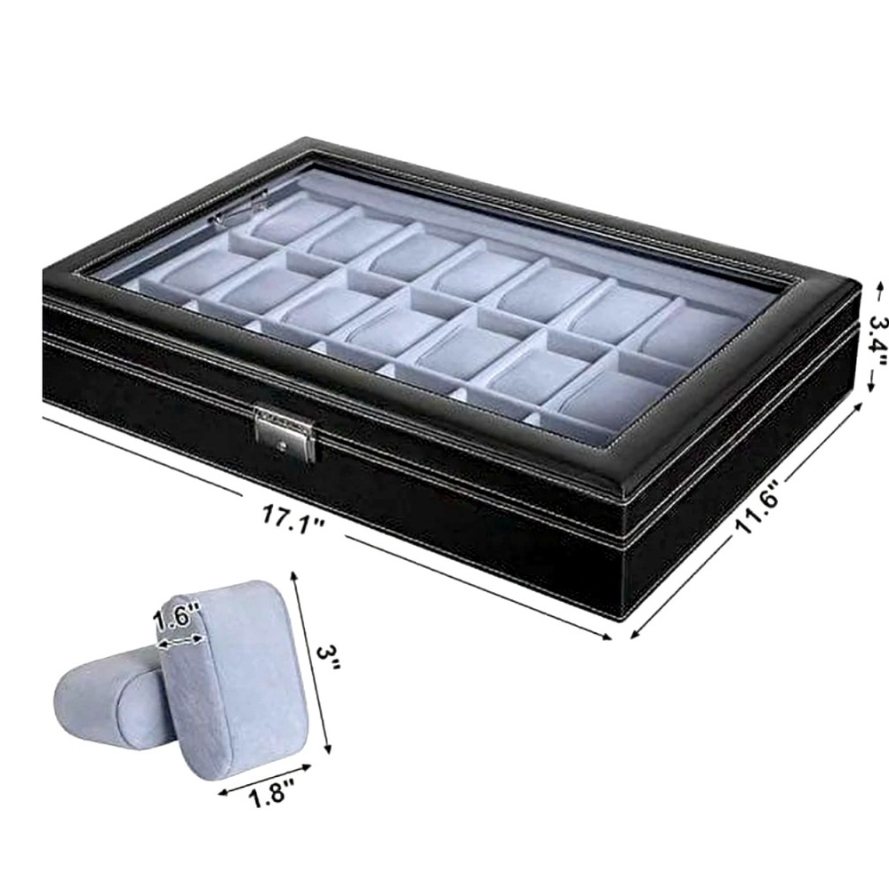 24 slot Watch Box Large Watch Case Glass Top Black Display white cushion inside